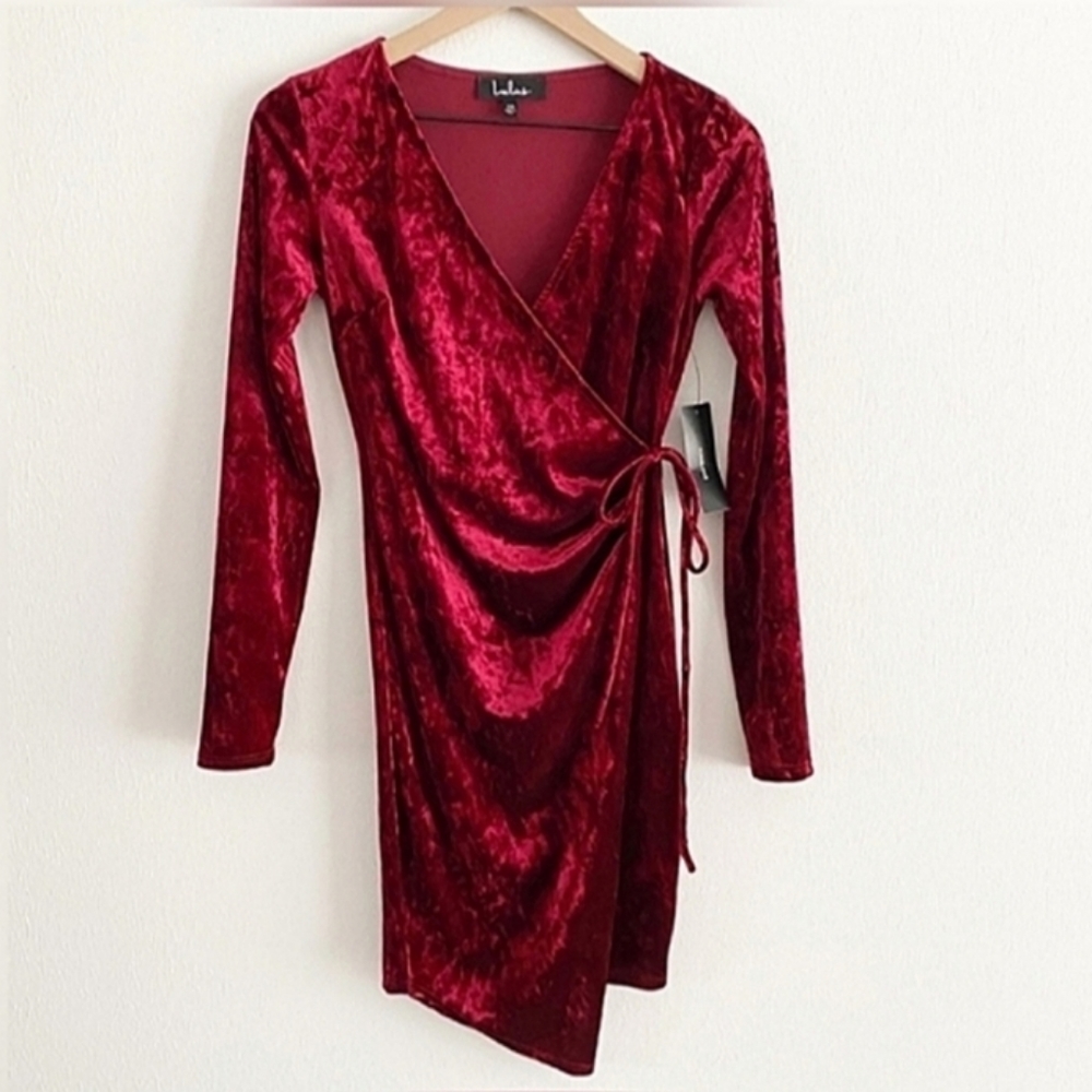 LULUS Galiana Faux Wrap Velvet Asymmetrical Hem Long Sleeve Mini Dress Size XS - Picture 2 of 9